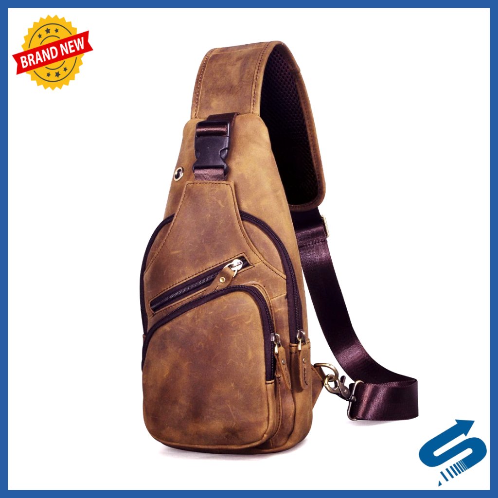 Genuine Leather Crossbody Sling Bag For Hiking Travel Holds Tablet